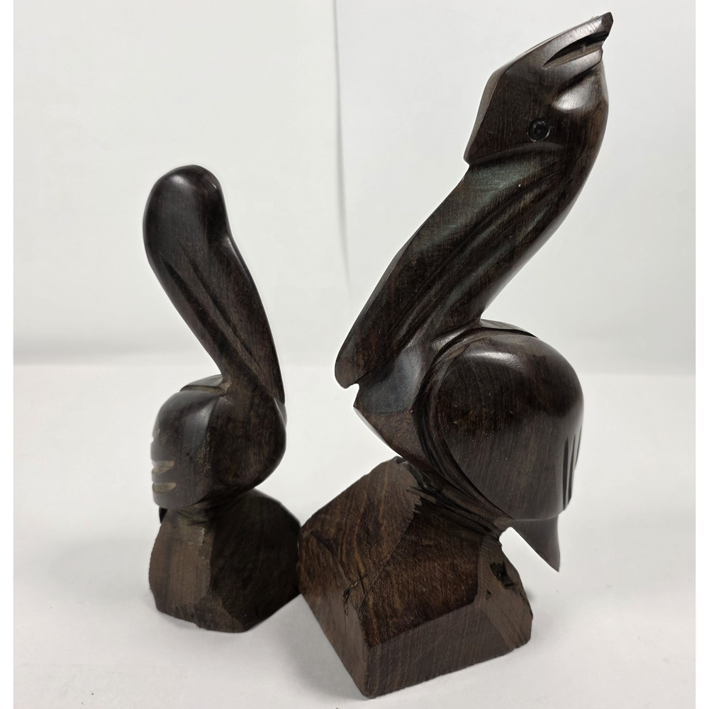 Pair of Hand Carved Ironwood PELICAN Bird Hardwood 9”7” Statue Nautical Sea Life
